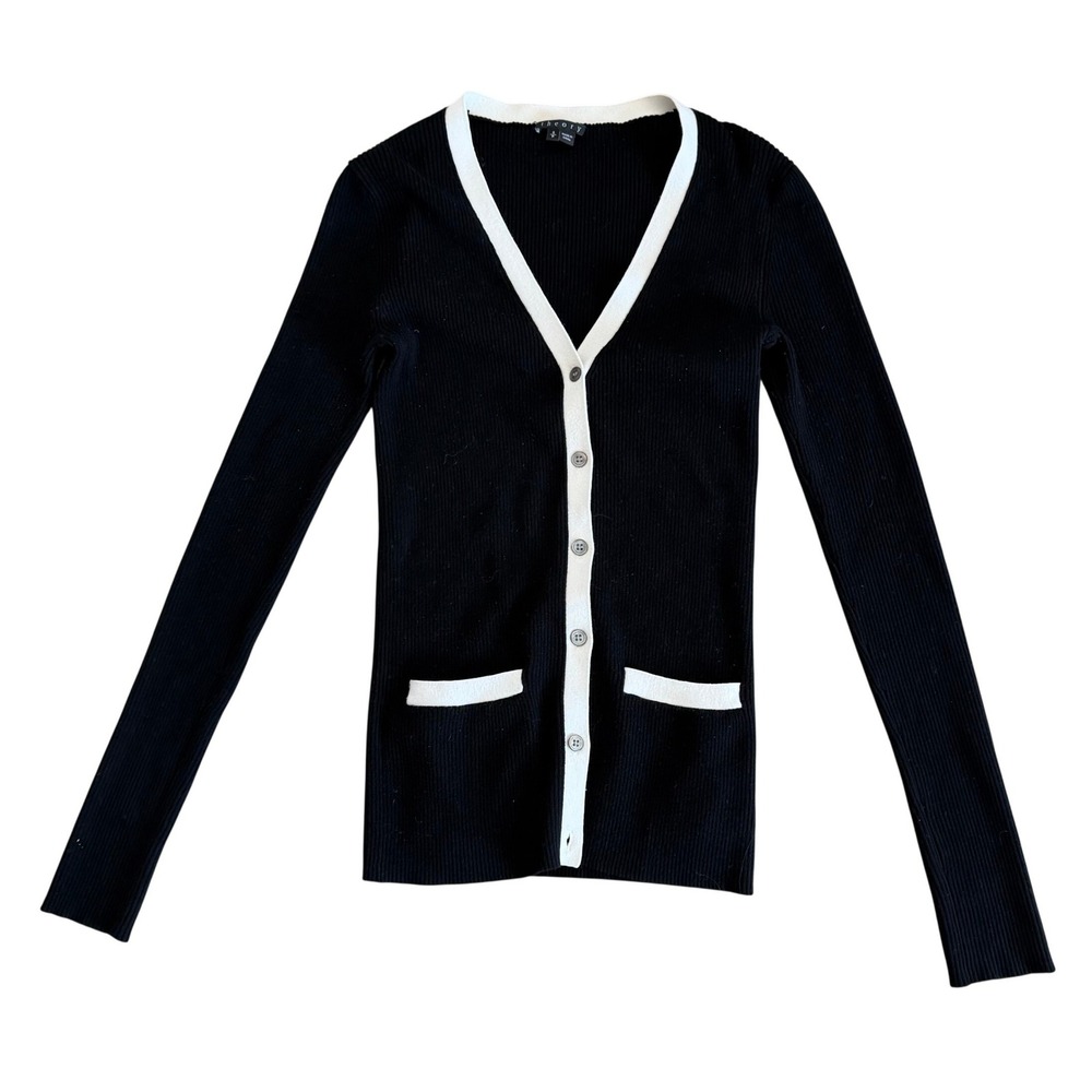 Theory Ribbed Knit Cardigan Black w/ White Trim‎ V-Neck Button Front Women P S
